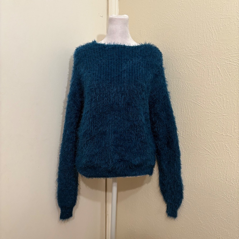 NWT The Limited Reversible Twist Back Fuzzy Eyelash Knit Sweater Jewel Tone Blue